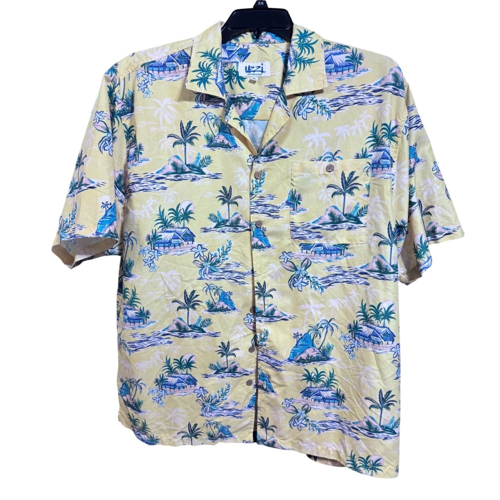 Uzzi Hawaiian Shirt Tropical‎ Island Print Yellow XL Resort Beach Vacation